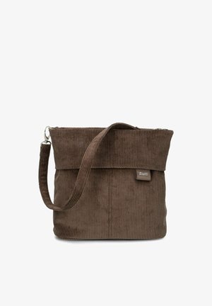Brown corduroy fold-over shoulder bag with a detachable strap and a small "zwei" fabric label on the front side.