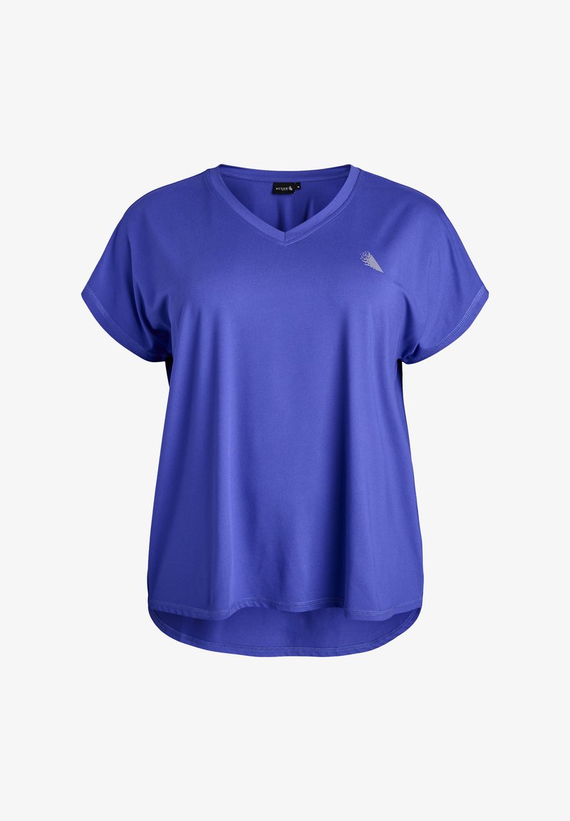 T-shirt violet à manches courtes avec col en V, fabriqué en tissu doux, présentant un ourlet arrondi et un petit logo sur le côté gauche de la poitrine.