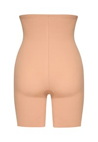 Shorts modellatori beige a vita alta con una cucitura centrale e un'area inguinale aperta, progettati per modellare il corpo.
