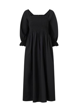 Zwarte midi-jurk met gerimpelde vierkante halslijn, geplooide lange mouwen en een samengebalde taille voor een vloeiende rok.