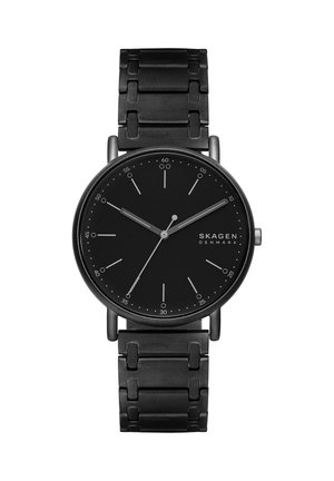 Schwarze Skagen Denmark Armbanduhr mit minimalistischem Zifferblatt, silbernen Zeigern, ohne Ziffern und schwarzem Metallgliederarmband.