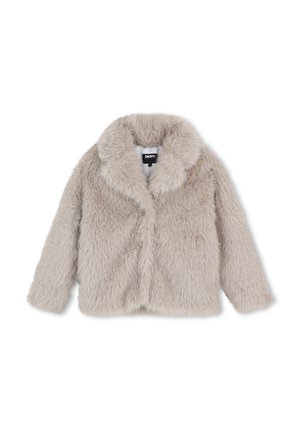 Lichtbeige nepbontjas met lange mouwen en brede kraag, voorzijde sluiting en DKNY-label aan de binnenkant van de kraag.