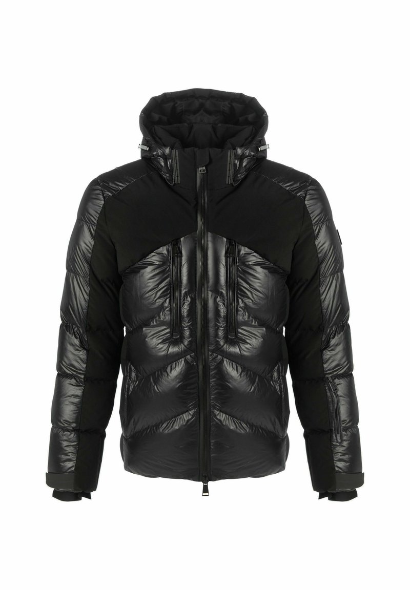 Sort pufferjakke med en blank finish, høj krave, lynlåslomme foran og kontrasterende mat stof på skuldre og ærmer.