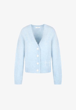 Lyseblå ullent cardigan med V-hals, lange ermer, fire hvite knapper og en liten hvit brodert "H" nær kanten på høyre side.