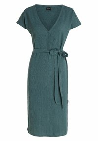 Teal wrap dress made of textured fabric, featuring short sleeves, a deep V-neck, and a tied waist accent for fitted design.