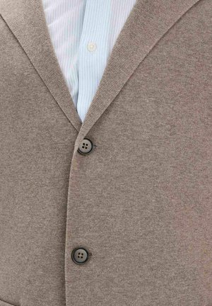 Beigenvärinen napillinen neuletakki vaaleansinisen, valkoisilla raidoilla varustetun kauluksellisen paidan päällä.