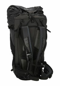 Schwarzer Rucksack mit Rollverschluss, gepolstertem Rückenpanel, atmungsaktiven Trägern und mehreren Anpassungspunkten. Mit strukturierten Akzenten.