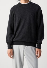 Dunkelgrauer Pullover mit Rundhalsausschnitt und gerippten Bündchen, aus einem weichen Material gefertigt. Dezentes Logodesign auf der Brust. Kombiniert mit hellen Hosen.