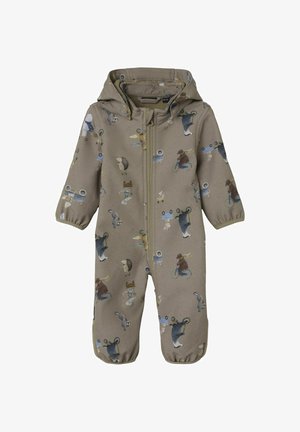 Tuta marrone per bambini con una stampa giocosa di animali che include ricci, orsi e conigli. Chiusura con zip frontale e polsini elastici.