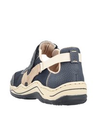 Navy blue sandal with textured mesh and leather upper, beige accents, adjustable strap, cushioned insole, and durable black outsole.