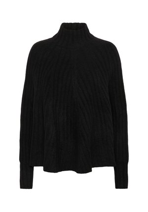 Black ribbed knit sweater with long sleeves and a high turtleneck collar, loose fit, and textured vertical pattern.