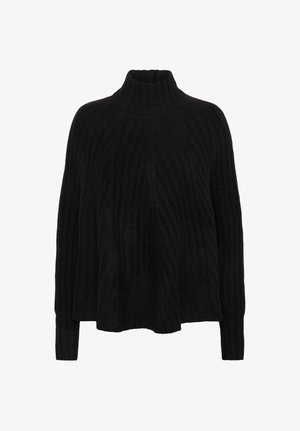 Must mustsviit mustriliste varrukatega ja kõrge kaelusega, laiem lõige ja tekstuuriga vertikaalne muster.