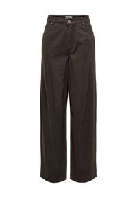 Pantalons à jambes larges en marron foncé, en coton, avec une taille classique, un zip à l'avant, cinq poches et des détails de couture minimalistes.