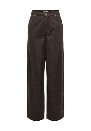 Pantalons à jambes larges en marron foncé, en coton, avec une taille classique, un zip à l'avant, cinq poches et des détails de couture minimalistes.