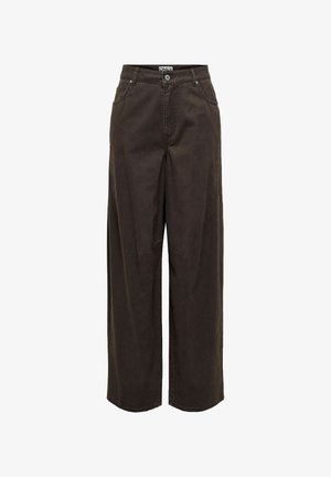 Široke hlače v temno rjavi barvi, izdelane iz bombaža, z klasičnim pasom, zadrgo, petimi žepi in minimalističnimi šivi.