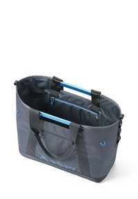 Gray fabric tote bag with black accents, blue handles, and interior pockets. Textured material, spacious design, and sturdy construction.