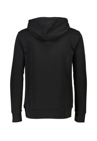 Sudadera con capucha negra, hecha de un tejido suave, que presenta mangas largas, puños acanalados y un dobladillo recto con aberturas laterales.