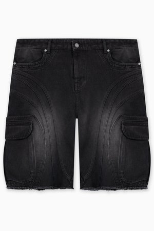Black denim cargo shorts with rounded seam details, frayed hem, and side pockets. Smooth texture with silver hardware accents.