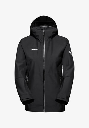 Zwarte waterdichte jas met een rits aan de voorkant, verstelbare capuchon en klittenbandsluitingen bij de mouwen. Voorzien van het Mammut-logo en zijzakken met rits.