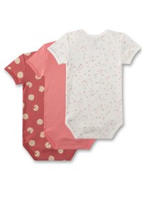 Drei Babybodys aus weicher Baumwolle: einer rot mit beigen Kreisen, einer einfarbig pink und einer weiß mit pastellfarbenem Blumenmuster. Kurze Ärmel, Druckknopfverschluss.