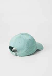 Casquette de baseball en coton vert menthe avec un bord incurvé, une sangle ajustable à l'arrière, et six œillets de ventilation sur le dessus.