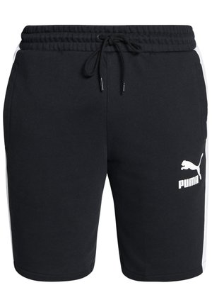 Czarne szorty Puma z białymi paskami po bokach, elastycznym paskiem w talii, regulowanym sznurkiem oraz widocznymi z przodu kieszeniami.