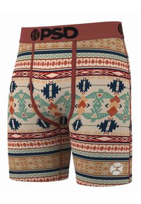 Chiloți tip boxer pentru bărbați, cu o bază de culoare nisipie, având un model geometric complex în nuanțe de teal, portocaliu, bleumarin și roșu. Talie elastică neagră.