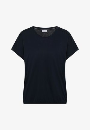 Sort kortærmet damestrøje med rund halsudskæring, diskret skuldersøm-detalje og elastisk kant, mærket "CECIL."