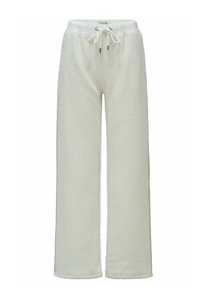 Pantalon de survêtement large en tissu texturé blanc cassé. Comprend une taille élastique avec un cordon de serrage et un motif discret en losange sur toute la surface.