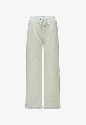 Pantalones deportivos de pierna ancha en un tejido texturizado color blanco hueso. Presentan una cintura elástica con cordón y un sutil patrón de diamantes en toda la prenda.