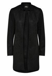 Cappotto nero a maniche lunghe realizzato in morbido camoscio; presenta un design senza colletto e una chiusura anteriore aperta senza fissaggi visibili.