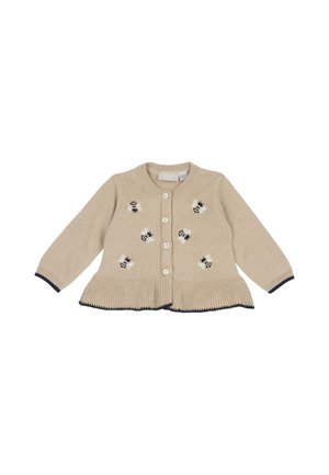 Cardigan per bebè beige lavorato a maglia con maniche lunghe, bottoni frontali, orlo arricciato e piccole applicazioni 3D a forma di api sul davanti.