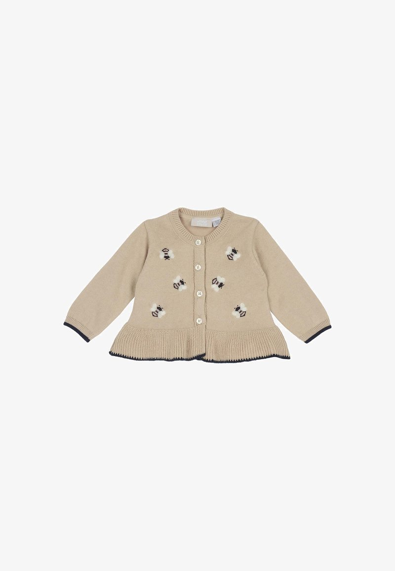 Cardigan bébé beige en tricot avec manches longues, boutons sur le devant, ourlet froncé et petites appliques 3D d'abeilles à l'avant.
