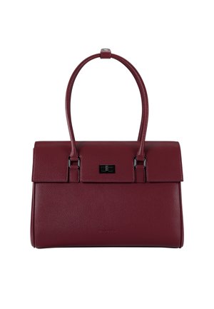 Sac à main en cuir rouge foncé avec deux longues anses et un rabat avant sécurisé par un petit fermoir à verrouillage rotatif noir rectangulaire.