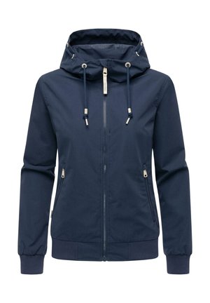 Navy blue hooded jacket with front zipper, adjustable drawstrings, two zippered side pockets, and ribbed cuffs and hem.