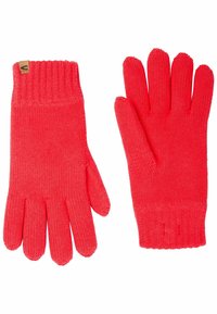 Gestrickte Handschuhe in einem leuchtenden Korallfarbton. Mit gerippten Bündchen, fünf Fingern und einer strukturierten Oberfläche. Enthalten ein kleines Logo-Etikett an einem Bündchen.