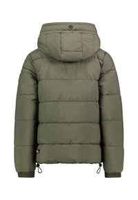Olijfgroene donzen jas met capuchon, voorzien van een horizontaal doorgestikt ontwerp, geribbelde manchetten en verstelbare trekkoord aan de zoom.