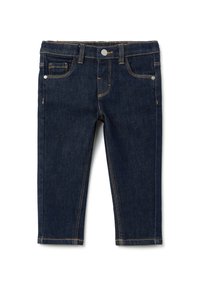 Jeans de denim azul oscuro con un diseño ajustado, costuras amarillas, bolsillos frontales y un detalle de botón de metal en la cintura.