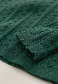 Pull en tricot vert foncé avec des motifs en relief, présentant des poignets et un ourlet côtelés, fabriqué à partir d'un matériau doux et légèrement duveteux.