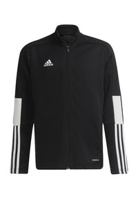 Chaqueta negra de adidas con cremallera, que presenta mangas largas, acentos blancos en los hombros y tres rayas blancas en cada manga. "AEROREADY" en el dobladillo.