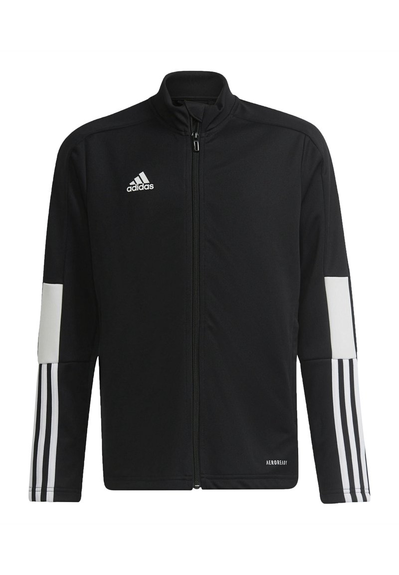Chaqueta negra de adidas con cremallera, que presenta mangas largas, acentos blancos en los hombros y tres rayas blancas en cada manga. "AEROREADY" en el dobladillo.