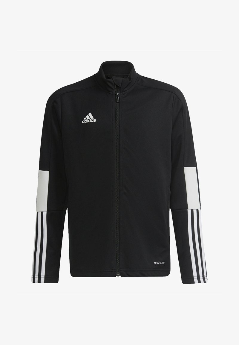 Chaqueta negra de adidas con cremallera, que presenta mangas largas, acentos blancos en los hombros y tres rayas blancas en cada manga. "AEROREADY" en el dobladillo.