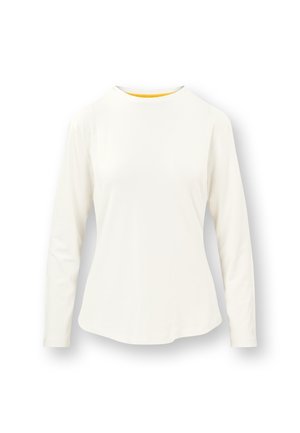 Wit longsleeve top met een ronde hals, een gladde textuur en een contrasterende gele binnenkraag. Geen patronen of versieringen aanwezig.