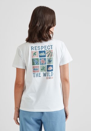 White cotton t-shirt featuring a colorful graphic on the back with the text "RESPECT THE WILD" and various nature-themed icons in squares.