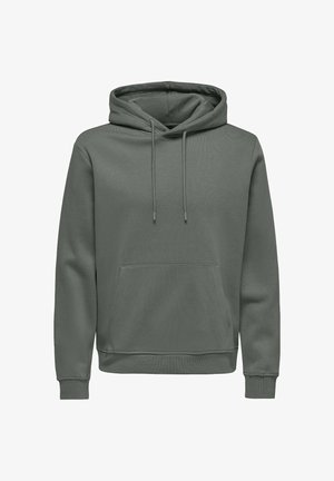 Hooded sweatshirt in muted green, made of soft fabric. Features a front pouch pocket, drawstrings at the hood, and ribbed cuffs.