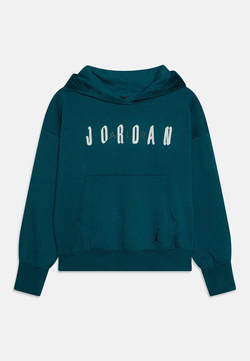 Sweat à capuche bleu sarcelle avec poche avant et texte "JORDAN" en blanc sur la poitrine, comportant un petit logo Jumpman noir près de la poche.