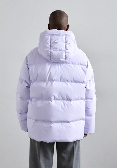 Light purple puffer jacket with a hood, featuring a quilted design and elastic cuffs. The material appears smooth and padded for warmth.
