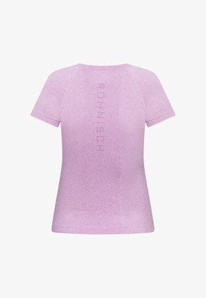 Short-sleeve athletic shirt in light purple, featuring a textured fabric and subtle logo along the back, with a fitted design.