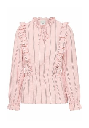 Blusa a maniche lunghe rosa con strisce nere verticali, scollo arricciato e vita elastica. Morbida al tatto con un design femminile.