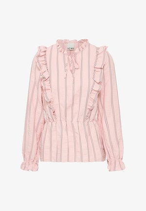 Rosa langærmet bluse med lodrette sorte striber, flæsekrave og elastisk talje. Blødt materiale med et feminint design.